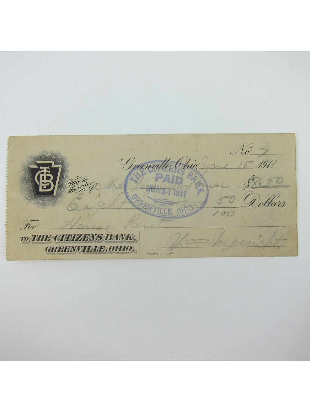 Antique 1911 Check The Citizens Bank Greenville Ohio Signed Mary Maybrun RARE